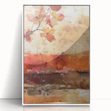 Art deco poster of autumn trees in orange and brown tones, acrylic print framed in white, suitable for nursery wall art.