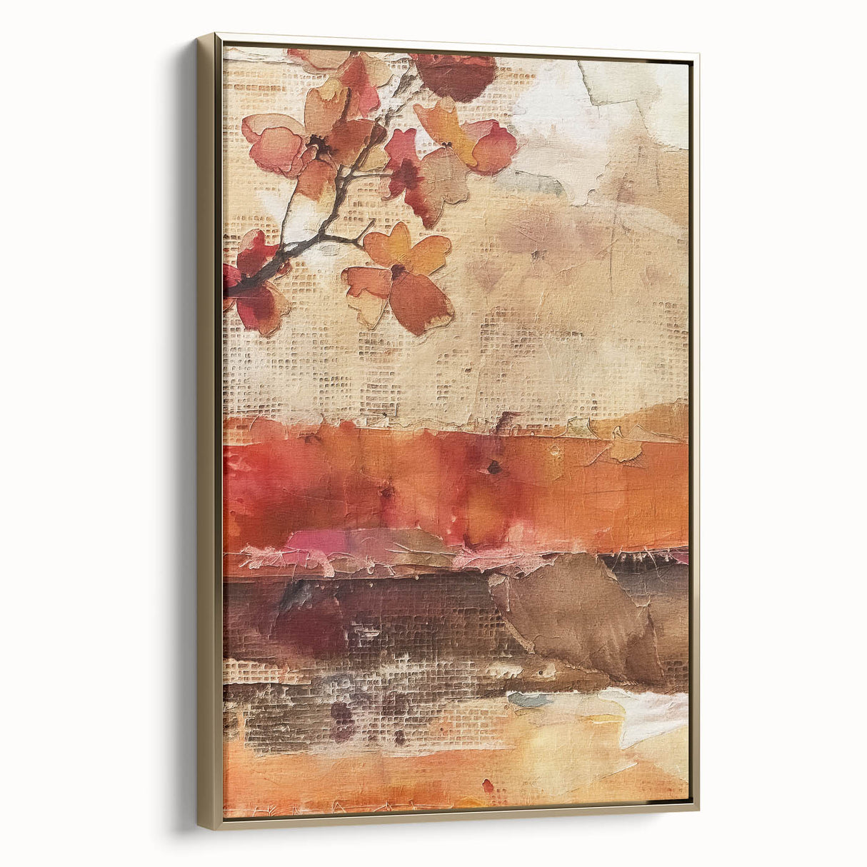 Framed canvas featuring a vintage poster-style landscape painting of a fall scene, with black and gold tones.