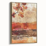 Framed canvas featuring a vintage poster-style landscape painting of a fall scene, with black and gold tones.