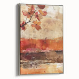 Framed canvas depicting a vintage-style landscape with autumn trees in vibrant orange and yellow tones.
