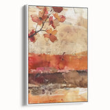 Vintage poster art of autumn trees in rich orange and yellow tones on a large framed canvas, ideal for living room decor.