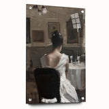 Abstract acrylic figurative artwork displayed in a glass frame from a side view, featuring vibrant colors and intricate pin details, ideal for modern decor.
