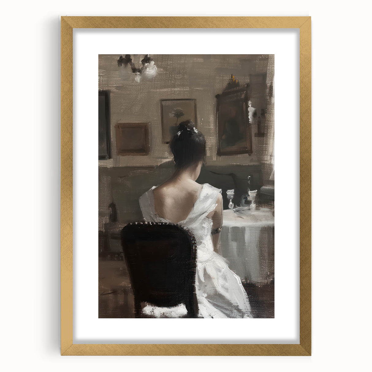 Abstract figurative art print framed in gold, displaying dynamic shapes and colors, perfect for modern decor. Ideal for living rooms or creative spaces.