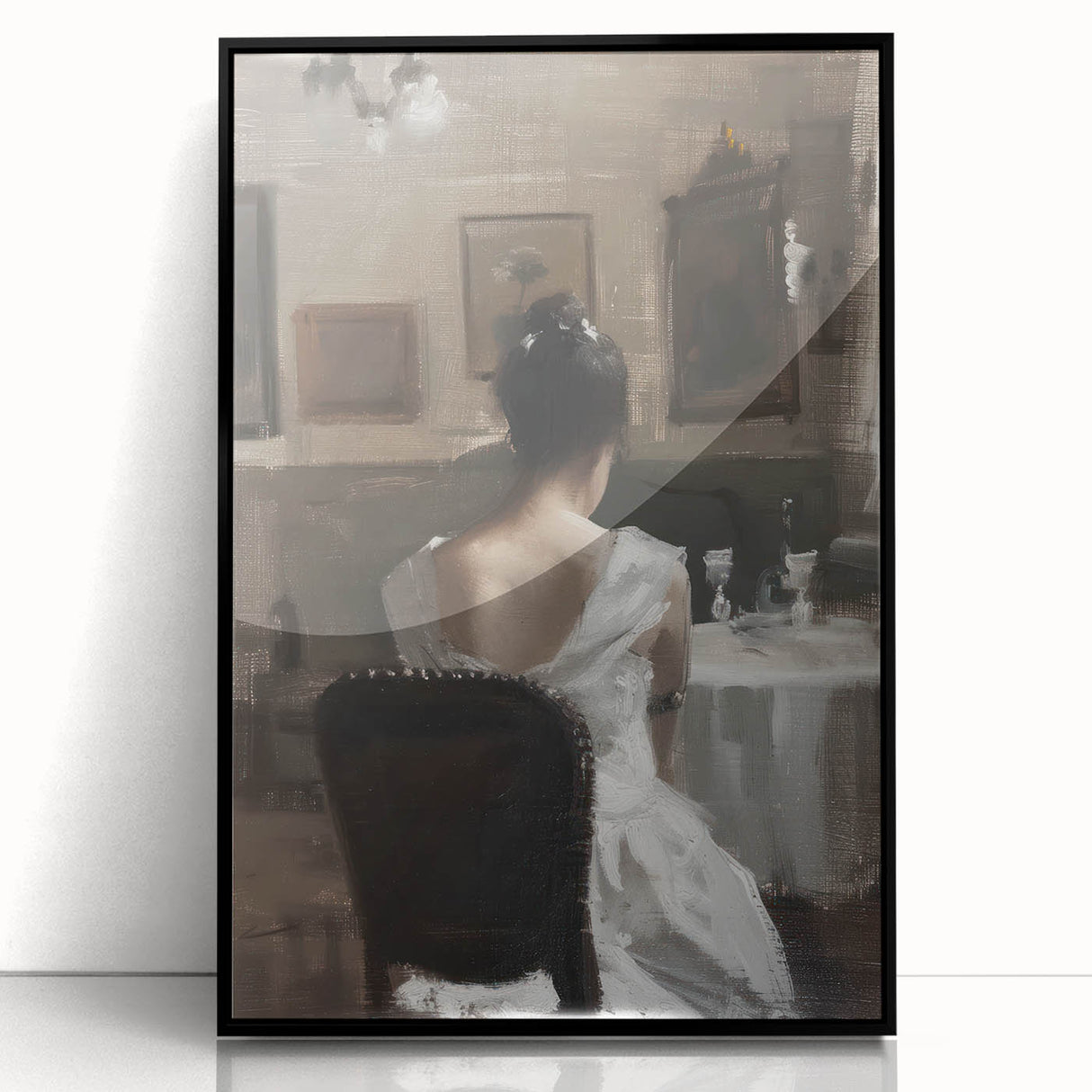 Framed abstract figurative artwork in black, showcasing bold shapes and lines, ideal for modern home decor. This piece adds a striking focal point to any space.
