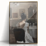 Framed acrylic artwork showcasing an abstract figurative design in gold tones, elegantly displayed from the front, perfect for modern home decor.
