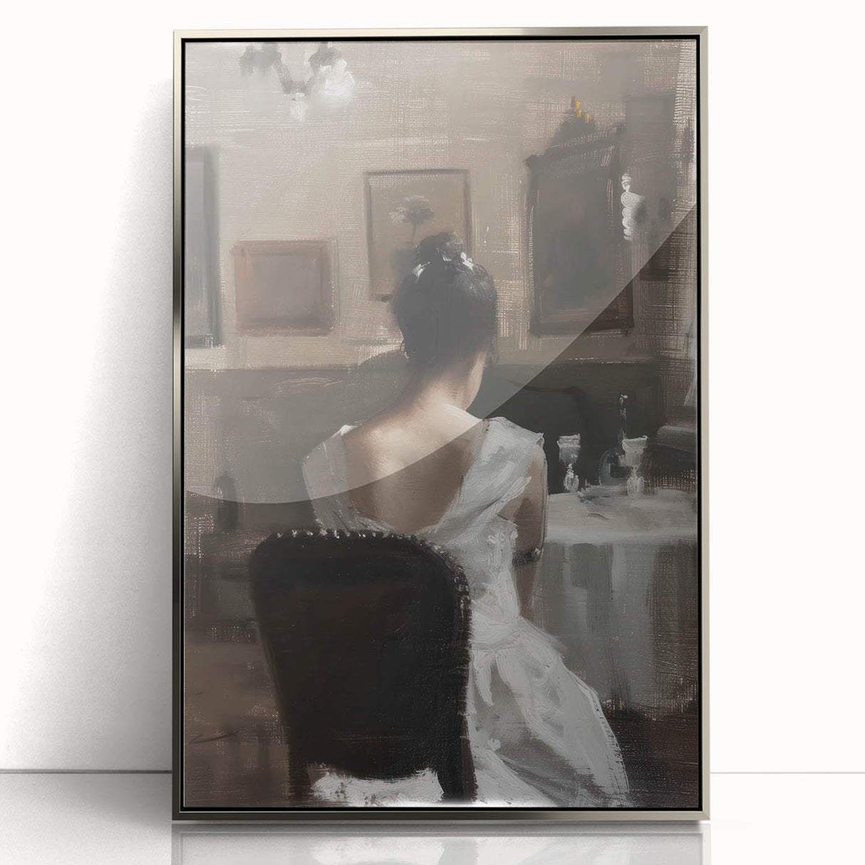 Abstract figurative artwork featuring dynamic shapes and silver accents, elegantly framed in acrylic, perfect for modern home decor, adding sophistication and style.