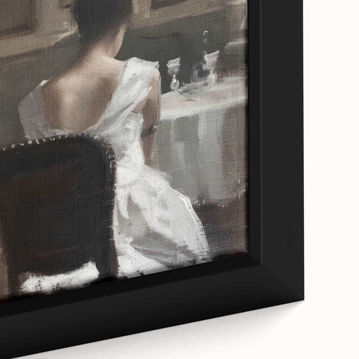 Abstract figurative artwork in vibrant colors displayed in a sleek black frame, showcasing dynamic shapes and textures that enhance any modern decor.