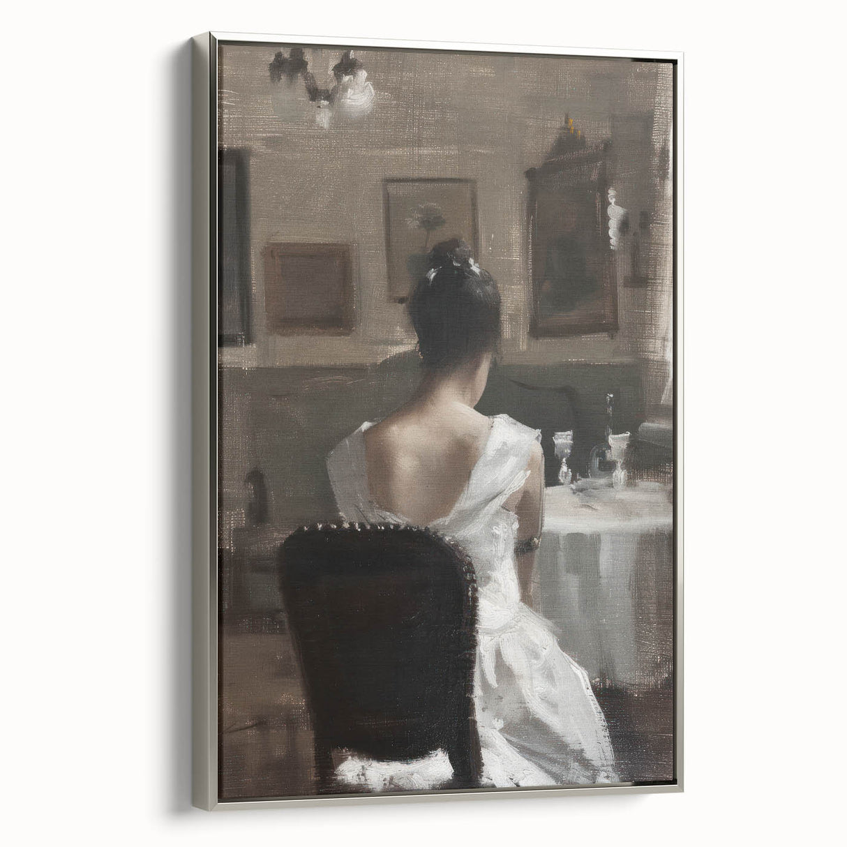 Abstract figurative framed canvas wall art showcasing a dynamic silver design, ideal for modern decor. Side view highlights the artwork's vibrant colors and unique textures.