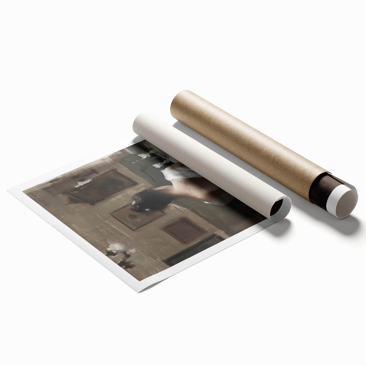 Abstract figurative rolled print showcasing vibrant colors and dynamic shapes, perfect for modern decor. Packaged securely in a protective cardboard tube for delivery.