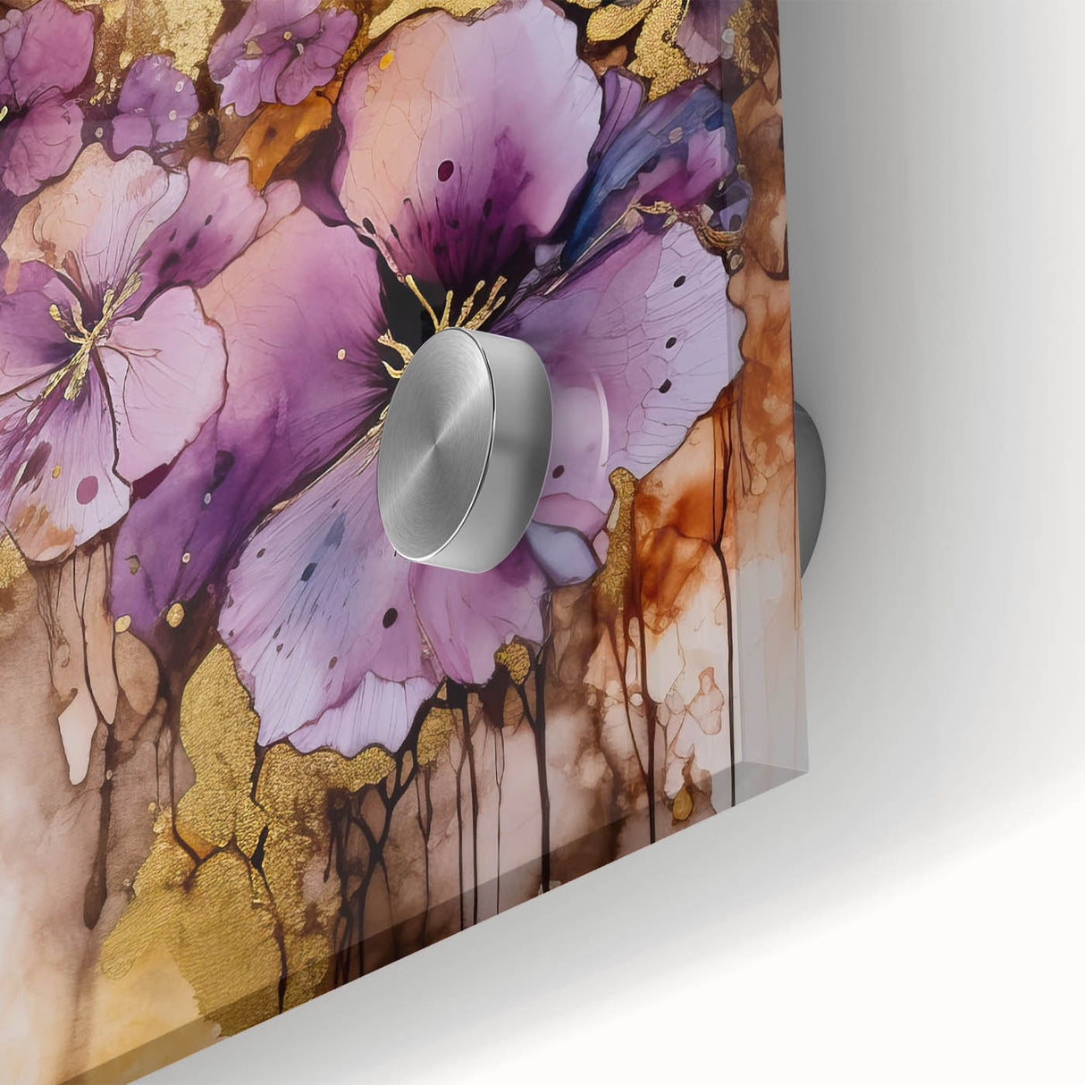 Close-up of an abstract floral acrylic glass artwork showcasing vibrant colors and intricate details, perfect for modern home decor or art enthusiasts.