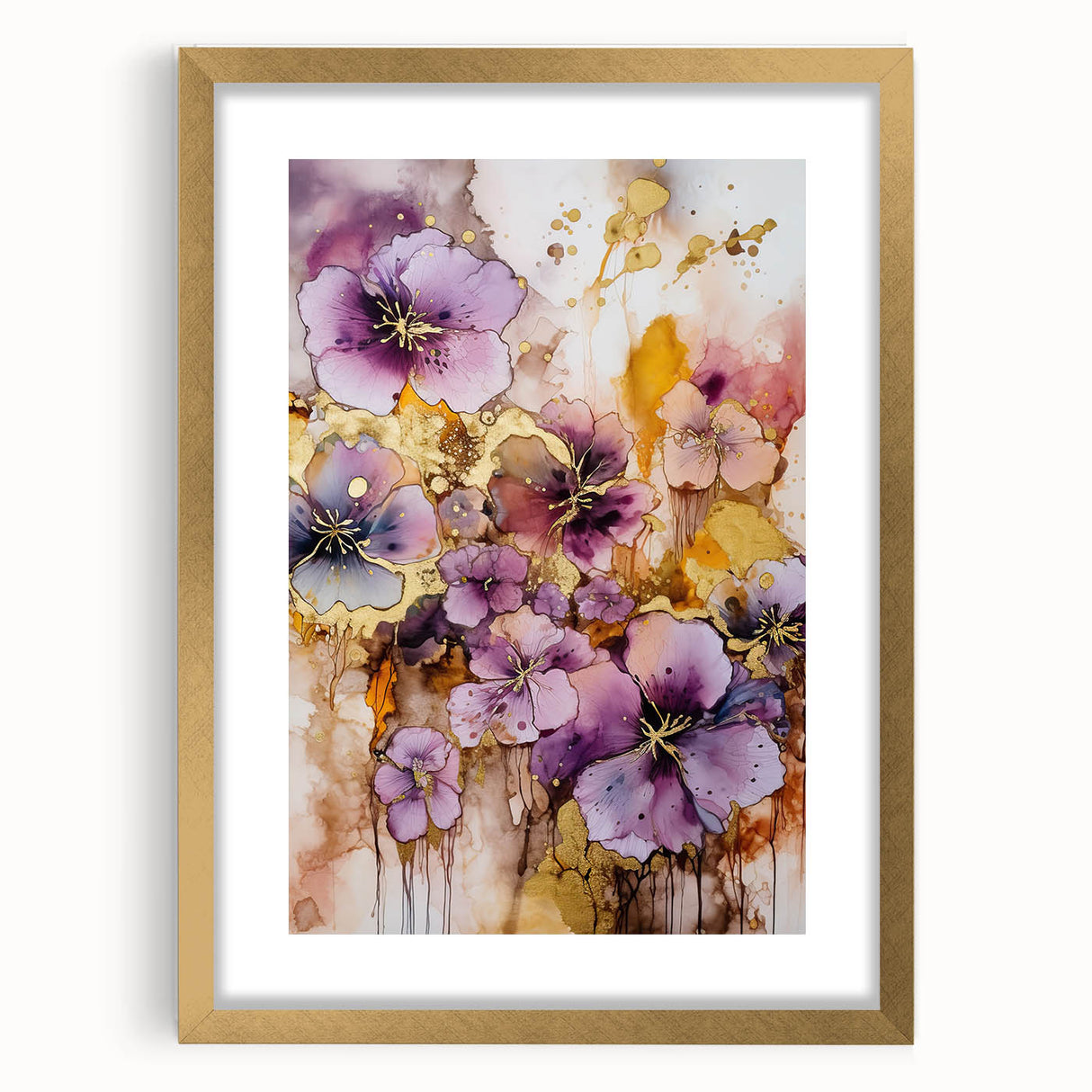 Abstract floral art print framed in gold with a white mat, showcasing vibrant colors and intricate designs, perfect for modern home decor and stylish interiors.