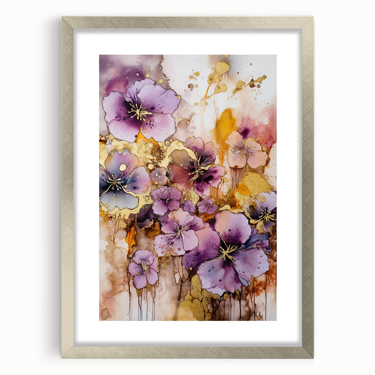 Abstract floral frame with a silver mat, showcasing vibrant colors and intricate designs, ideal for modern decor and art lovers seeking elegance.