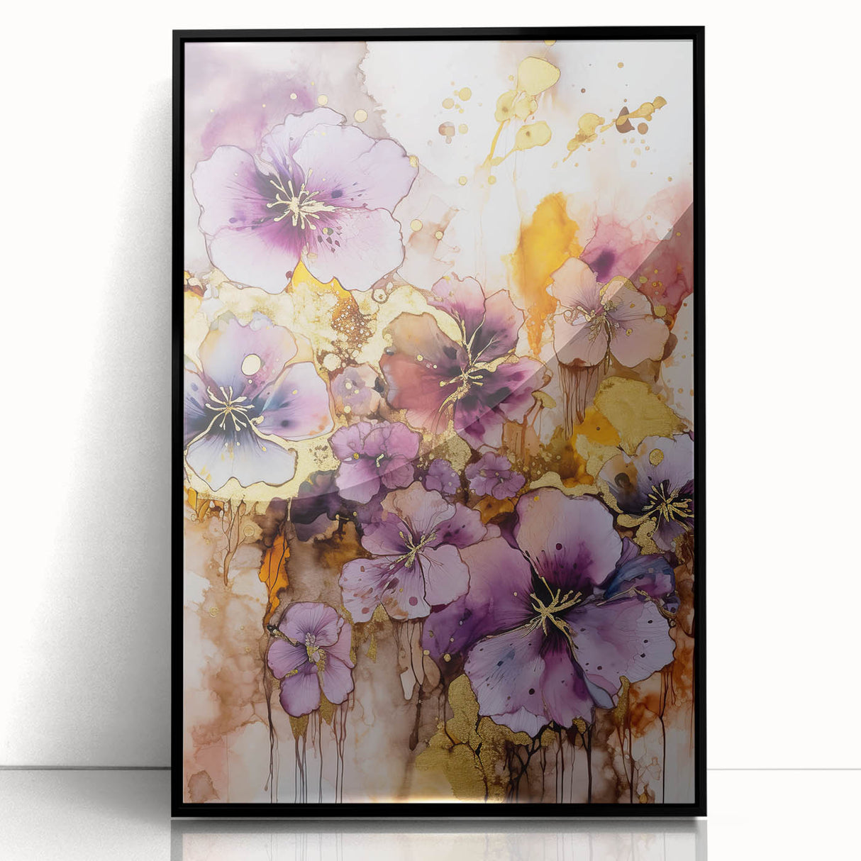 Framed acrylic artwork showcasing an abstract floral design with vibrant colors, set against a sleek black frame, perfect for modern home decor.