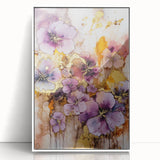 Framed acrylic artwork showcasing vibrant abstract florals in shades of pink, blue, and green, set against a sleek white background for modern home decor.