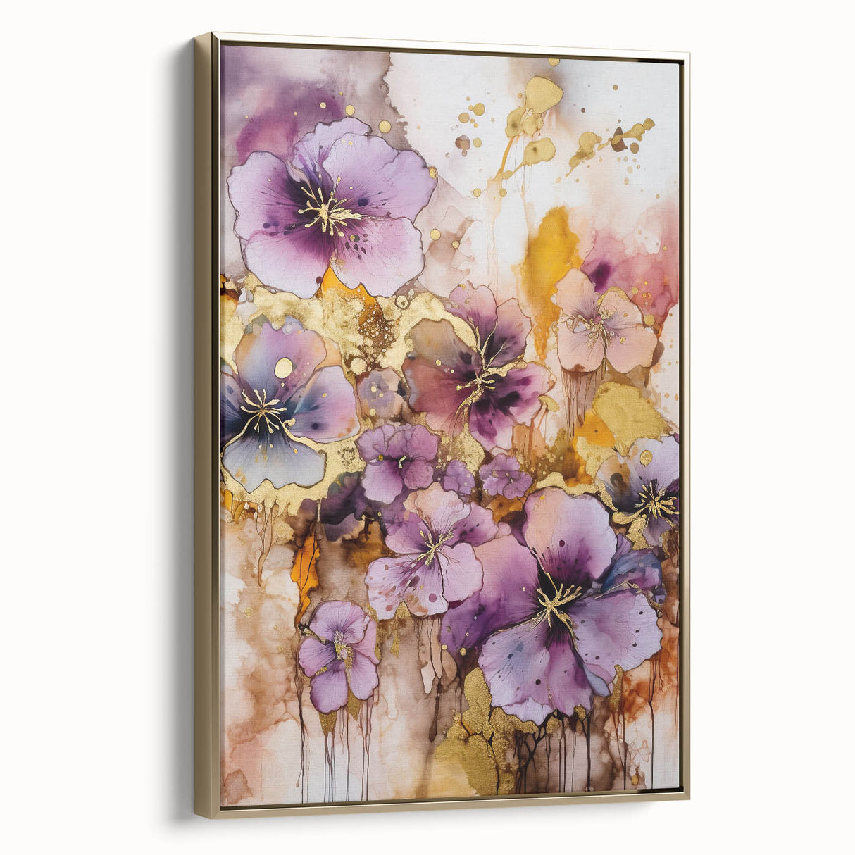 Framed canvas artwork showcasing abstract floral designs in vibrant colors, accented with a gold frame, ideal for modern home decor. Perfect for adding elegance to any space.