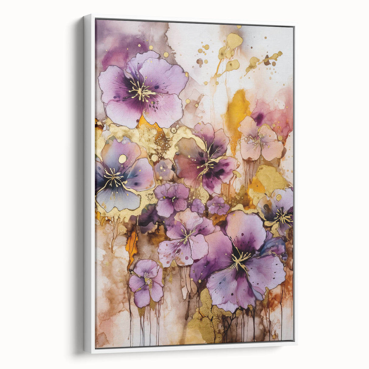 Framed canvas artwork showcasing an abstract floral design in vibrant colors, displayed from a white side view, perfect for modern home decor.