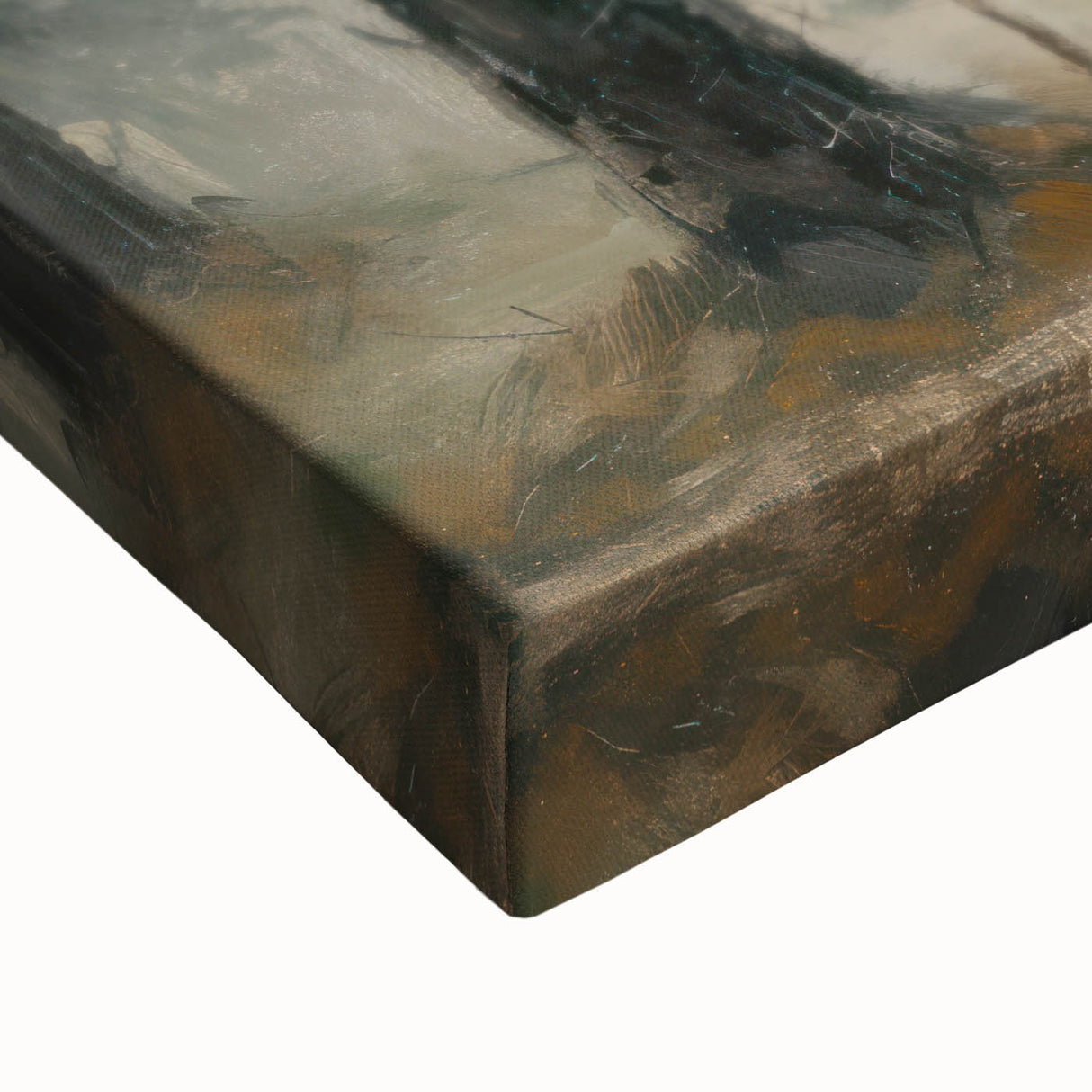 Close-up of a stretched canvas featuring vibrant abstract floral designs in shades of pink, green, and gold, perfect for modern decor accents.