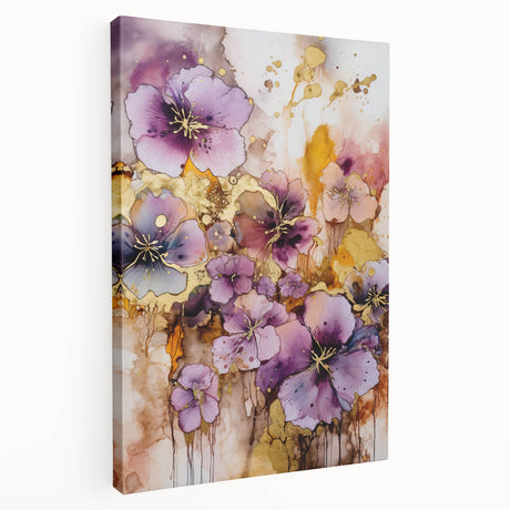Side view of an abstract floral stretched canvas artwork showcasing vibrant colors and intricate designs, ideal for home decor and modern aesthetics.