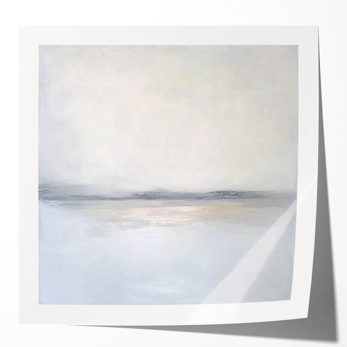 Abstract landscape photo print mockup set showcasing glossy textures and vibrant colors, ideal for modern home decor. The design features a serene blend of blues, greens, and earth tones, enhancing any interior setting.