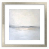 Abstract landscape artwork featuring a silver frame and mat, showcasing a serene blend of soft colors and fluid shapes, perfect for modern decor. The piece evokes tranquility and sophistication, enhancing any living space with its elegant design.