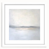 Abstract landscape artwork framed in a minimalistic white mat, showcasing soft hues of blue and green, perfect for modern home decor. Ideal for enhancing living spaces with a serene aesthetic.