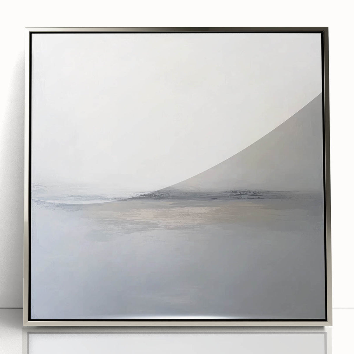 Framed acrylic artwork showcasing an abstract landscape with silver accents, highlighting vibrant colors and dynamic shapes. Perfect for modern home decor.