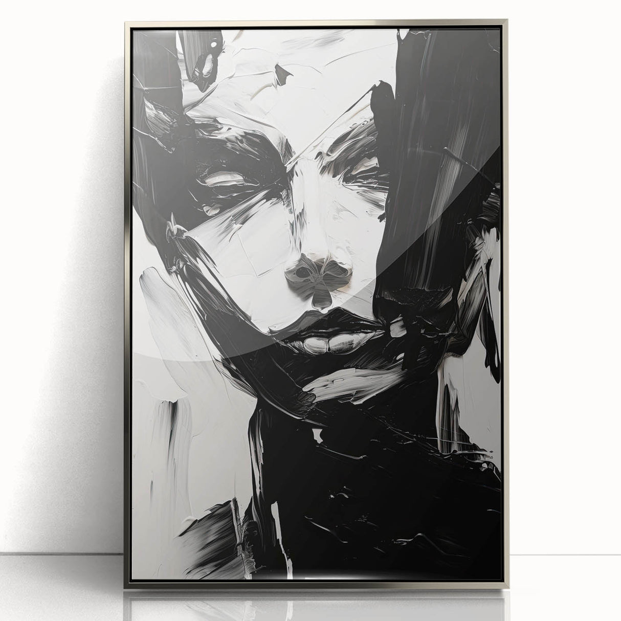 Framed abstract minimalist wall art featuring silver acrylic accents, elegantly displayed against a clean backdrop, ideal for modern home decor.