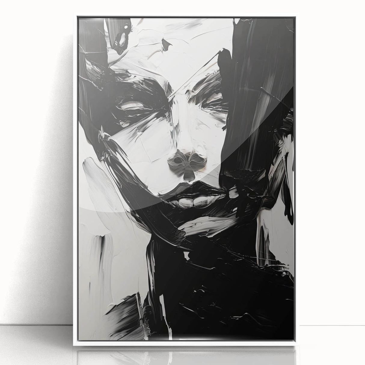 Framed minimalist abstract wall art featuring soft white and gray tones, showcasing contemporary design, perfect for modern home decor or office settings.