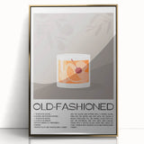 Large art print of a mid-century modernist food and drinks theme in gold and brown tones, framed acrylic.