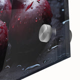 Large abstract wall art featuring assorted fruits in vibrant colors on acrylic glass, ideal for dining room decor.