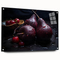 Large abstract wall art featuring assorted fruits in vibrant colors on acrylic glass, ideal for dining room decor.