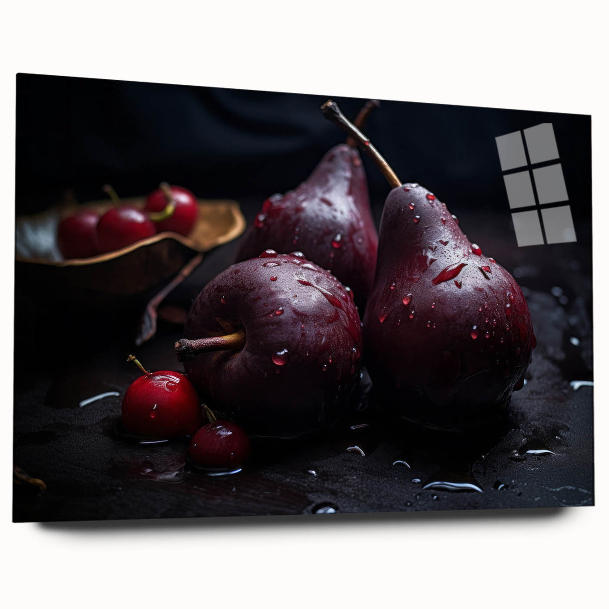 Large abstract wall art featuring assorted fruits in vibrant colors on acrylic glass, ideal for bedroom or dining room decor.