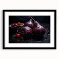 Extra large abstract art print featuring colorful, textured fruits on a black framed canvas, ideal for living room decor.