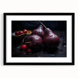 Extra large abstract art print featuring colorful, textured fruits on a black framed canvas, ideal for living room decor.