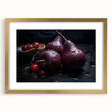 Extra large abstract art print featuring textured fruits in vibrant colors, framed in gold, ideal for living room decor.
