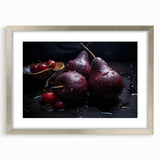 Textured abstract art print of assorted fruits in muted earth tones on a silver-framed canvas, suitable for bedroom decor.