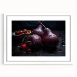 Abstract art prints featuring assorted fruits in bright colors on a white framed poster, suitable for dining room decor.