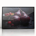 Large abstract wall art featuring assorted fruits in bold colors on a black acrylic frame, suitable for modern kitchen decor.