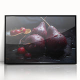 Large abstract wall art featuring assorted fruits in bold colors on a black acrylic frame, suitable for modern kitchen decor.