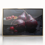 Mid-century modernist acrylic print of assorted fruits in vibrant colors, framed in gold, ideal for nursery wall decor.