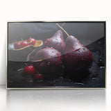 Mid-century modernist art featuring an array of fruits in pastel shades on a silver framed acrylic.