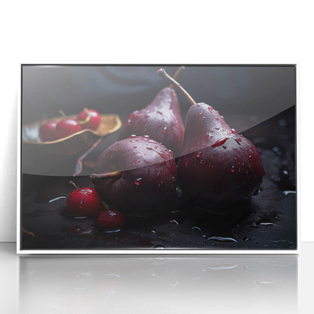 Art deco poster of assorted fruits in vibrant colors on white acrylic, ideal for modern nursery wall art.