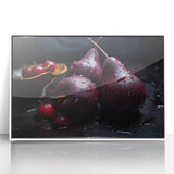 Art deco poster of assorted fruits in vibrant colors on white acrylic, ideal for modern nursery wall art.