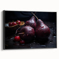 Black and white vintage poster art featuring assorted fruits, printed on framed canvas, suitable for bedroom wall decor.