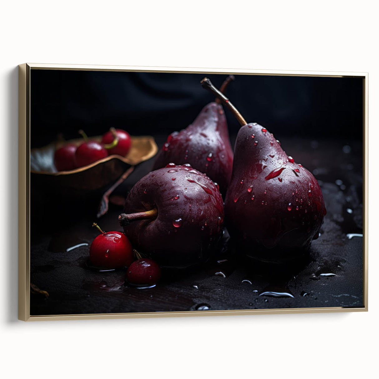 Framed canvas wall art featuring a vintage poster of assorted fruits in muted colors, ideal for bedroom decor.