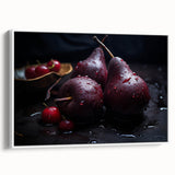 Vintage poster art featuring colorful fruits on a black background, framed canvas, ideal for living room decor.