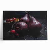 Large black and white canvas of assorted fruits, ideal for kitchen wall art.