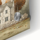 Large abstract wall art depicting autumn trees in warm orange tones, printed on acrylic glass.