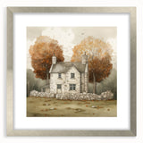 Textured abstract art print in warm autumn hues on a silver framed canvas, suitable for bedroom art.