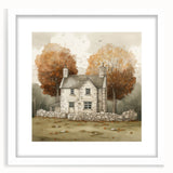 Abstract art print featuring swirling autumnal hues on a white framed canvas, suitable for dining room or bedroom decor.